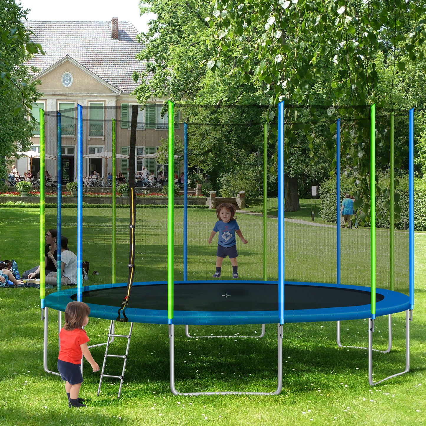 16FT Trampoline for Kids with Safety Enclosure Net, Ladder and 12 Wind Stakes, Round Outdoor Recreational Trampoline