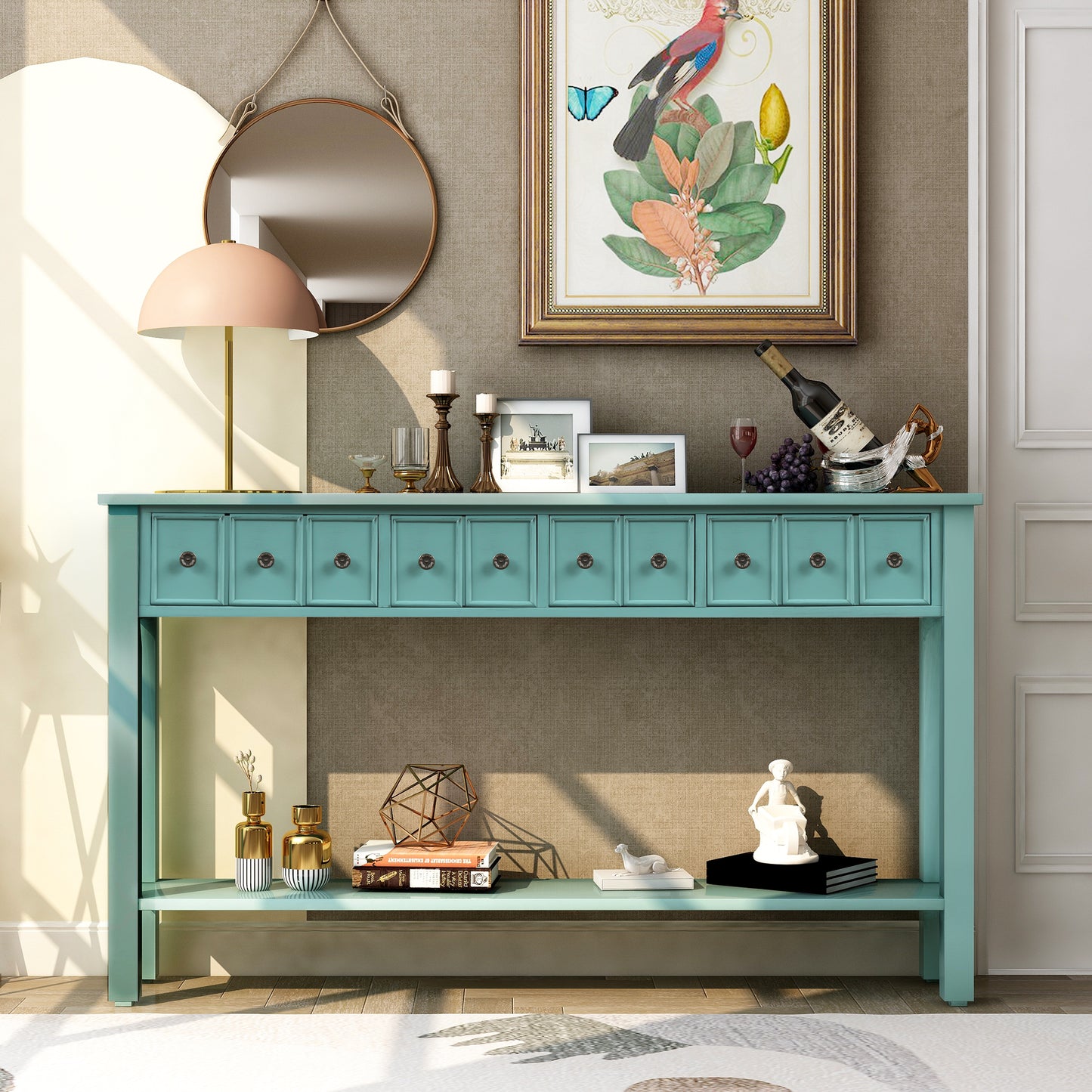 Rustic Entryway Console Table,  Long Sofa Table with two Different Size Drawers and Bottom Shelf for Storage (Blue)