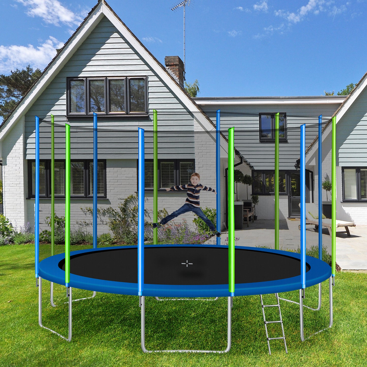 16FT Trampoline for Kids with Safety Enclosure Net, Ladder and 12 Wind Stakes, Round Outdoor Recreational Trampoline