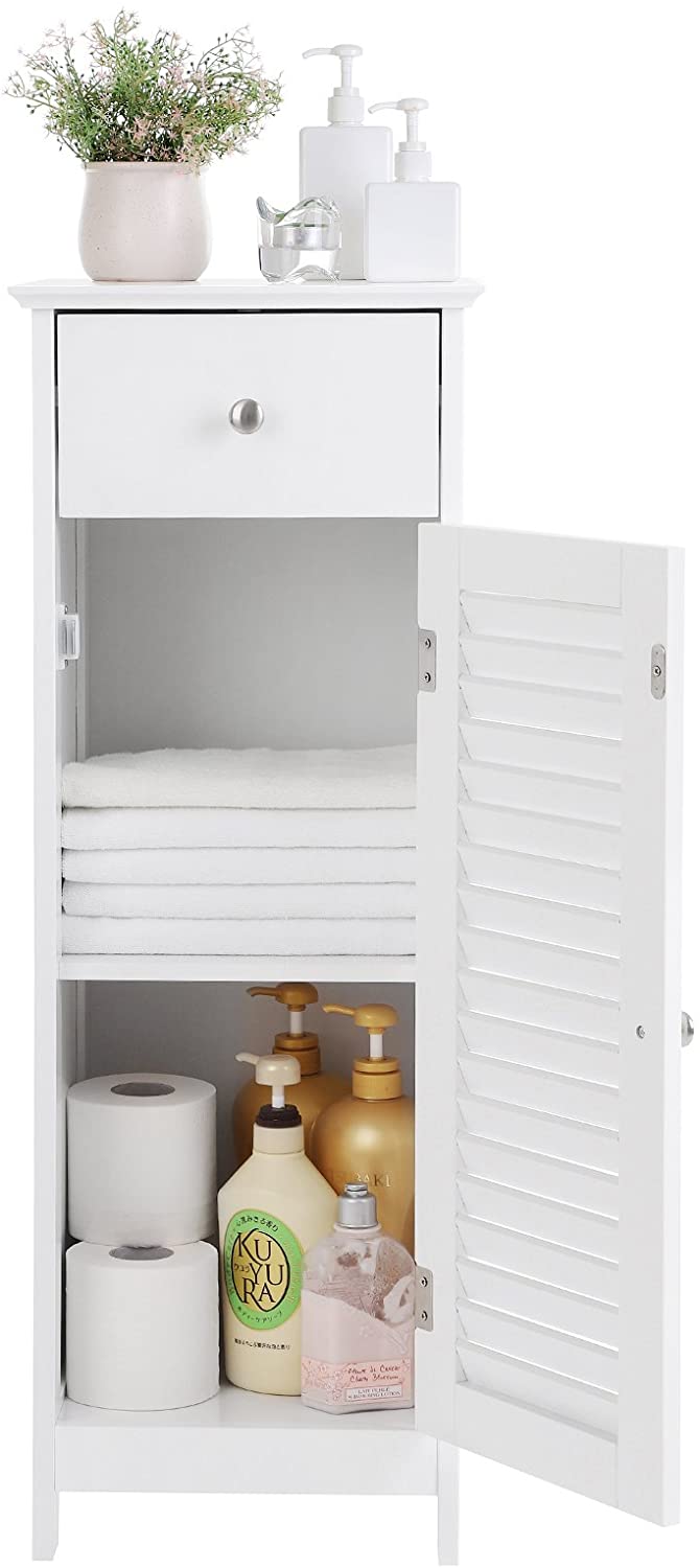 Bathroom Floor Cabinet Storage Organizer Set with Drawer and Single Shutter Door Wooden White