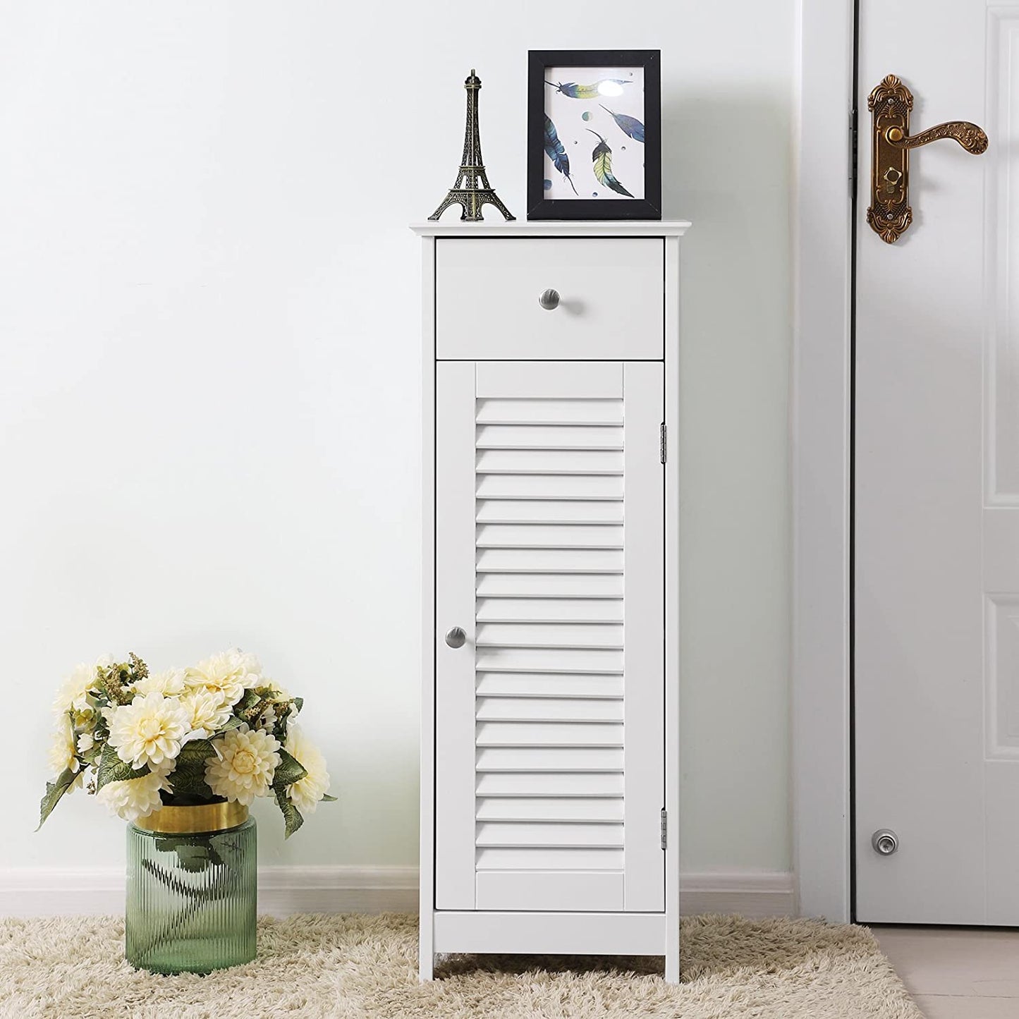 Bathroom Floor Cabinet Storage Organizer Set with Drawer and Single Shutter Door Wooden White