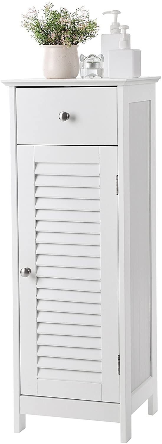 Bathroom Floor Cabinet Storage Organizer Set with Drawer and Single Shutter Door Wooden White