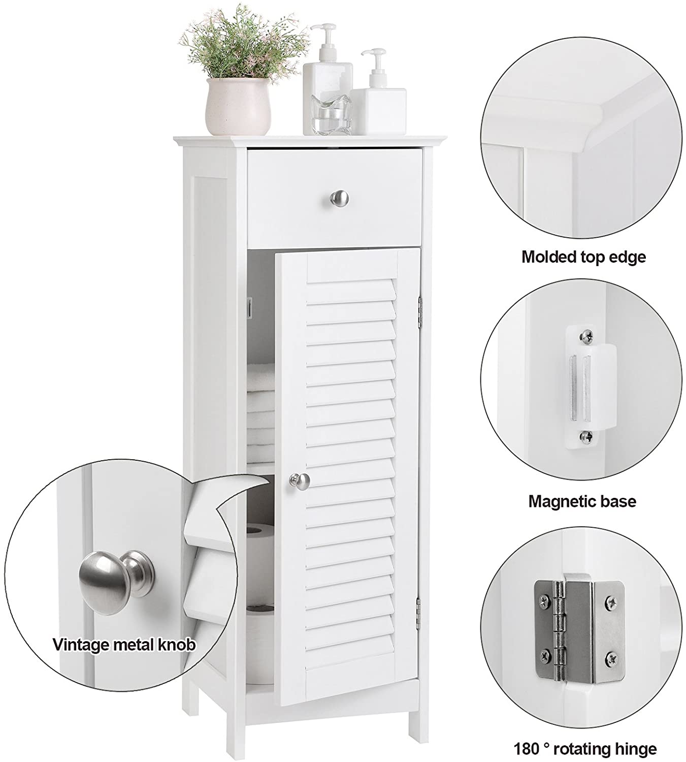 Bathroom Floor Cabinet Storage Organizer Set with Drawer and Single Shutter Door Wooden White