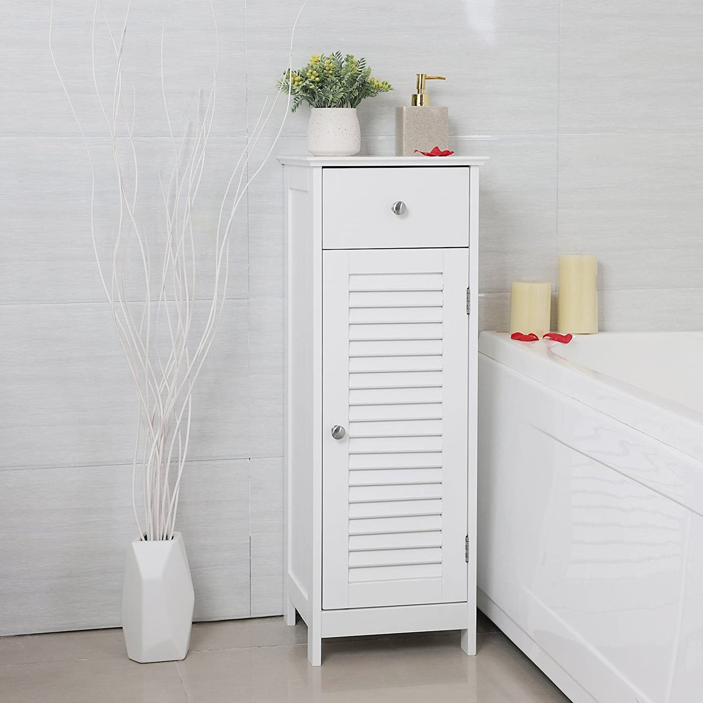 Bathroom Floor Cabinet Storage Organizer Set with Drawer and Single Shutter Door Wooden White