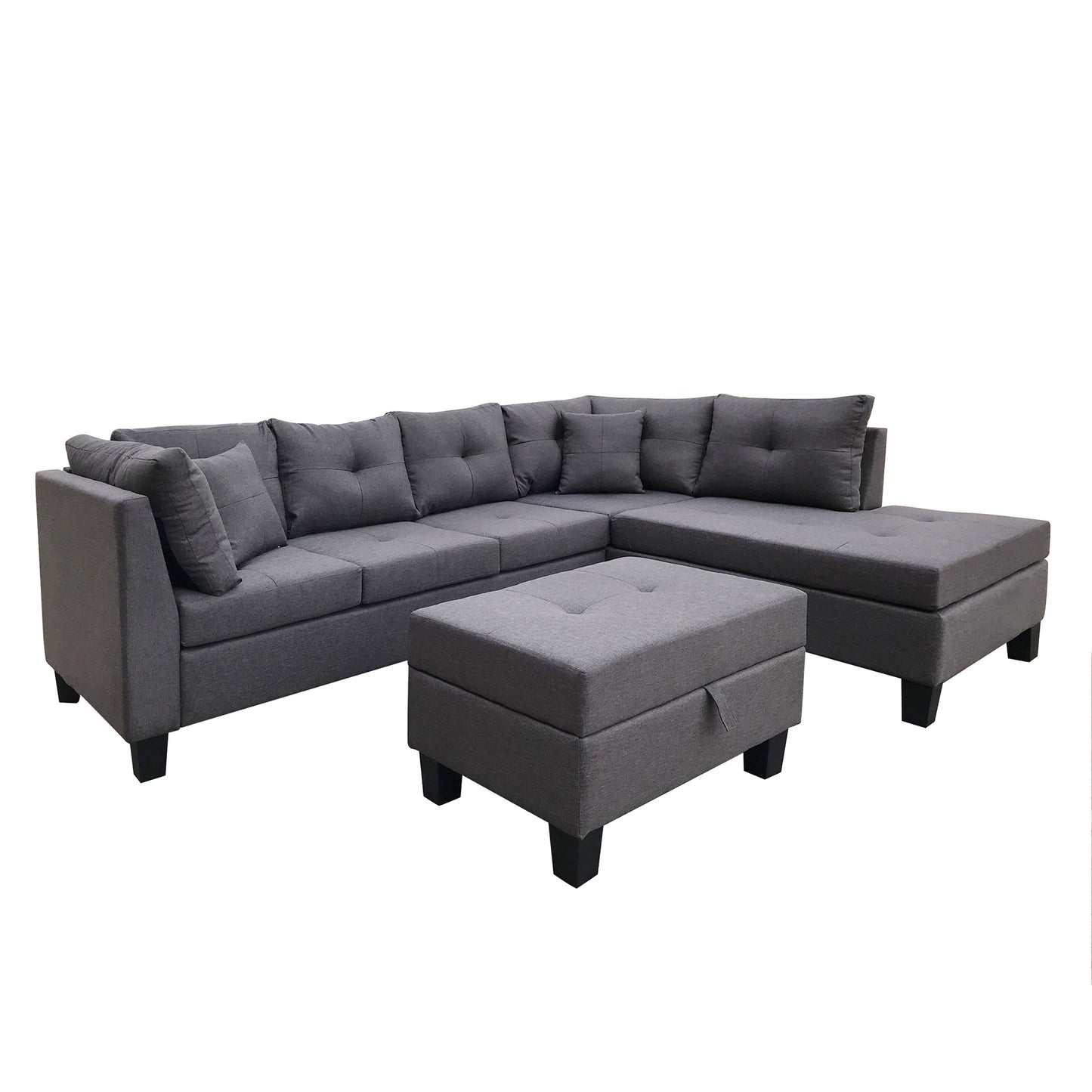 Sectional Sofa Set  for Living Room  with  Right Hand Chaise Lounge and Storage Ottoman  (Dark Grey)