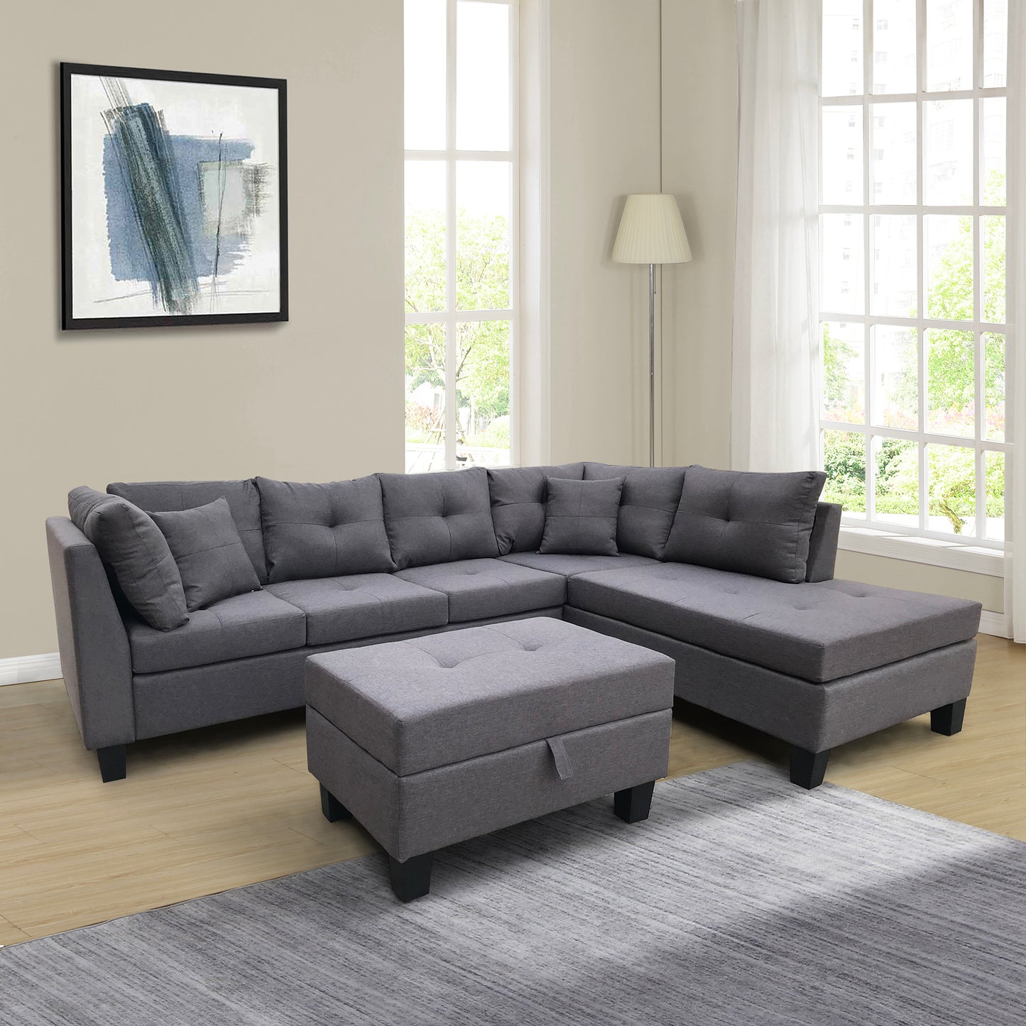 Sectional Sofa Set  for Living Room  with  Right Hand Chaise Lounge and Storage Ottoman  (Dark Grey)