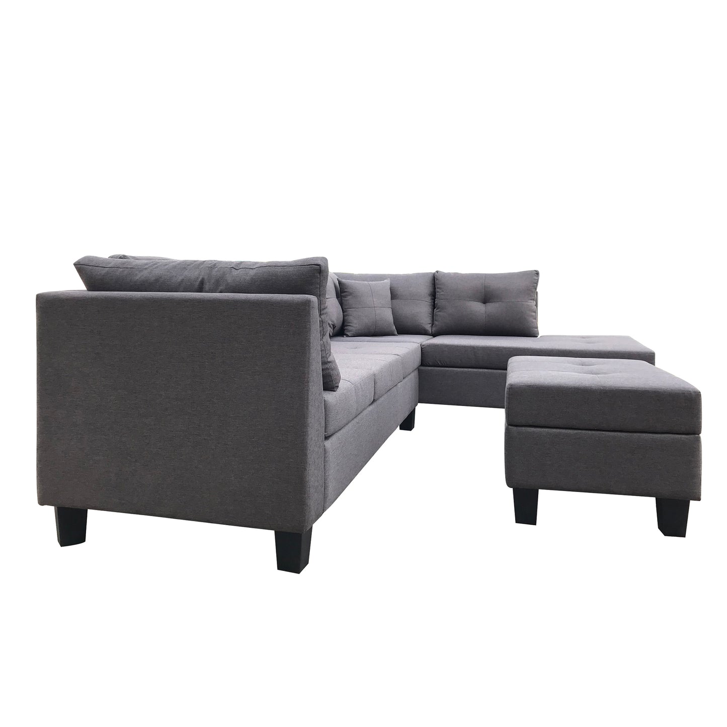 Sectional Sofa Set  for Living Room  with  Right Hand Chaise Lounge and Storage Ottoman  (Dark Grey)