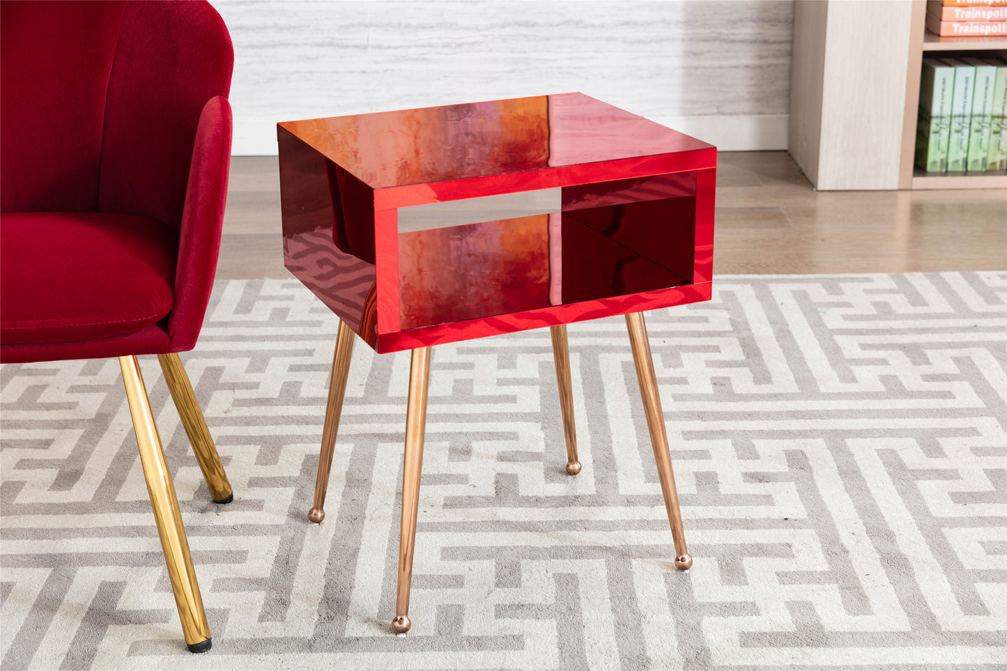 MIRROR END TABLE  MIRROR NIGHTSTAND   ENDSIDE TABLE  (Wire  Red)