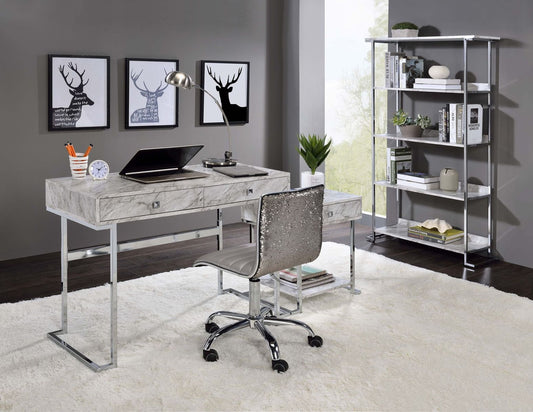 Tigress Writing Desk, White Printed Faux Marble & Chrome Finish 92615