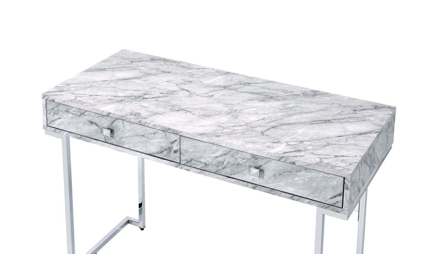 Tigress Writing Desk, White Printed Faux Marble & Chrome Finish 92615