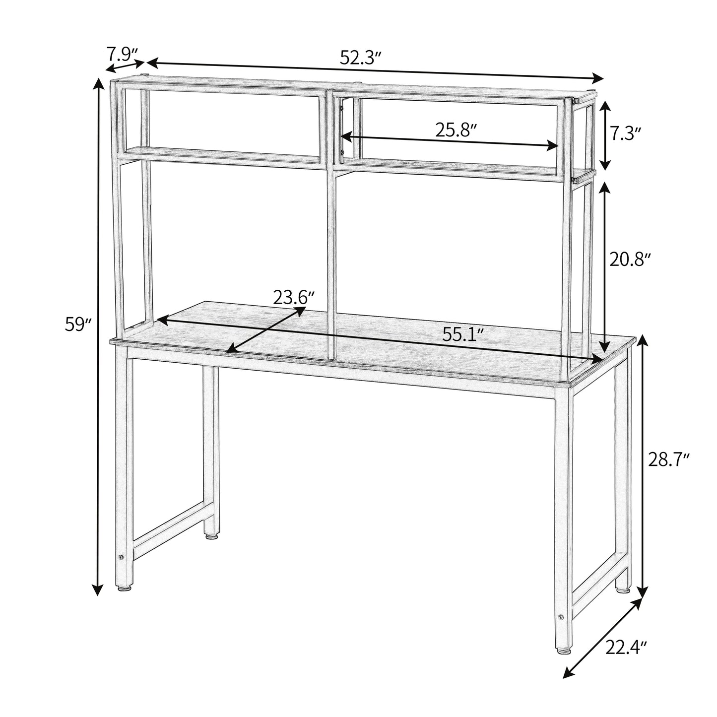 Home Office 52 Inches  Computer Desk with Hutch and Shelves, ,Space-Saving Laptop Table Modern PC Workstation Black Metal Frame Desk( Brown)