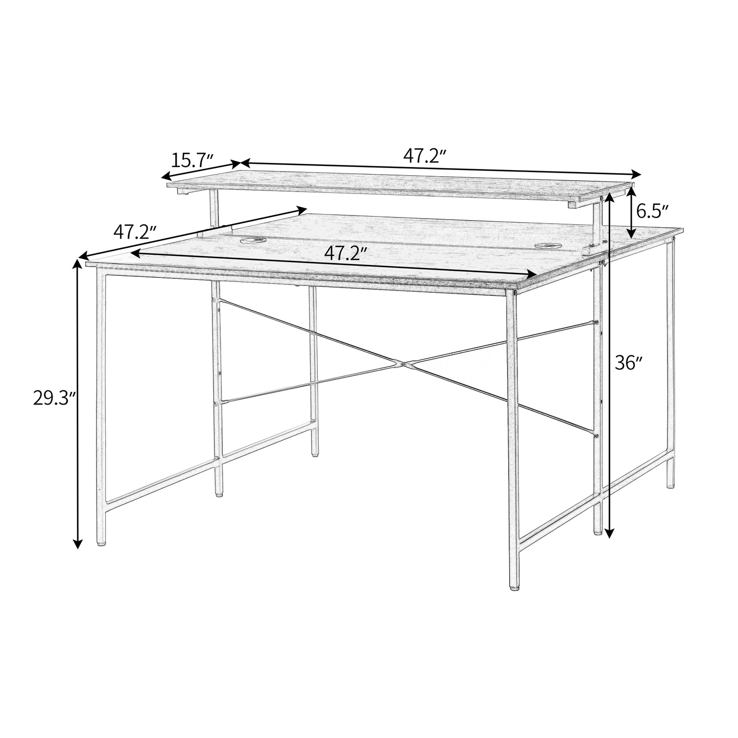 Two Person Computer Desk with Monitor Shelf /Double Workstation 47 x 47 Inch Extra Large Office Desks（Brown)