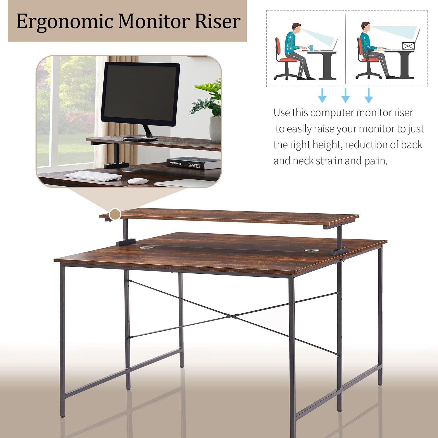 Two Person Computer Desk with Monitor Shelf /Double Workstation 47 x 47 Inch Extra Large Office Desks（Brown)