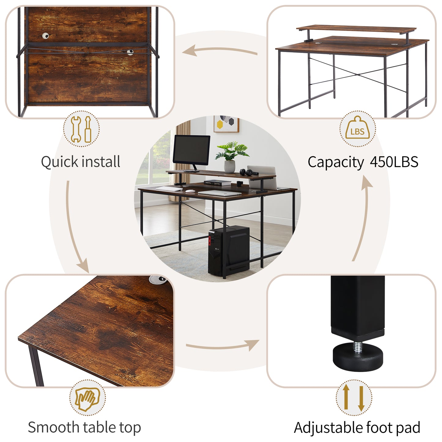 Two Person Computer Desk with Monitor Shelf /Double Workstation 47 x 47 Inch Extra Large Office Desks（Brown)