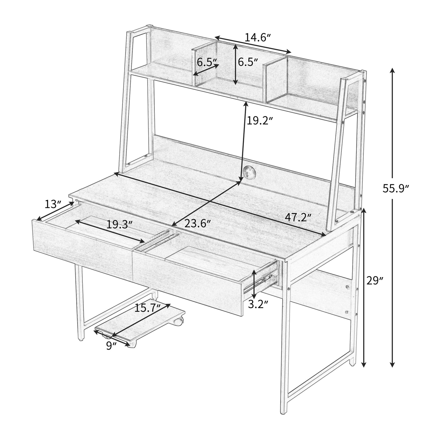 Home office Computer Desk with Hutch/ Bookshelf, Desk with Space Saving Design（Black）