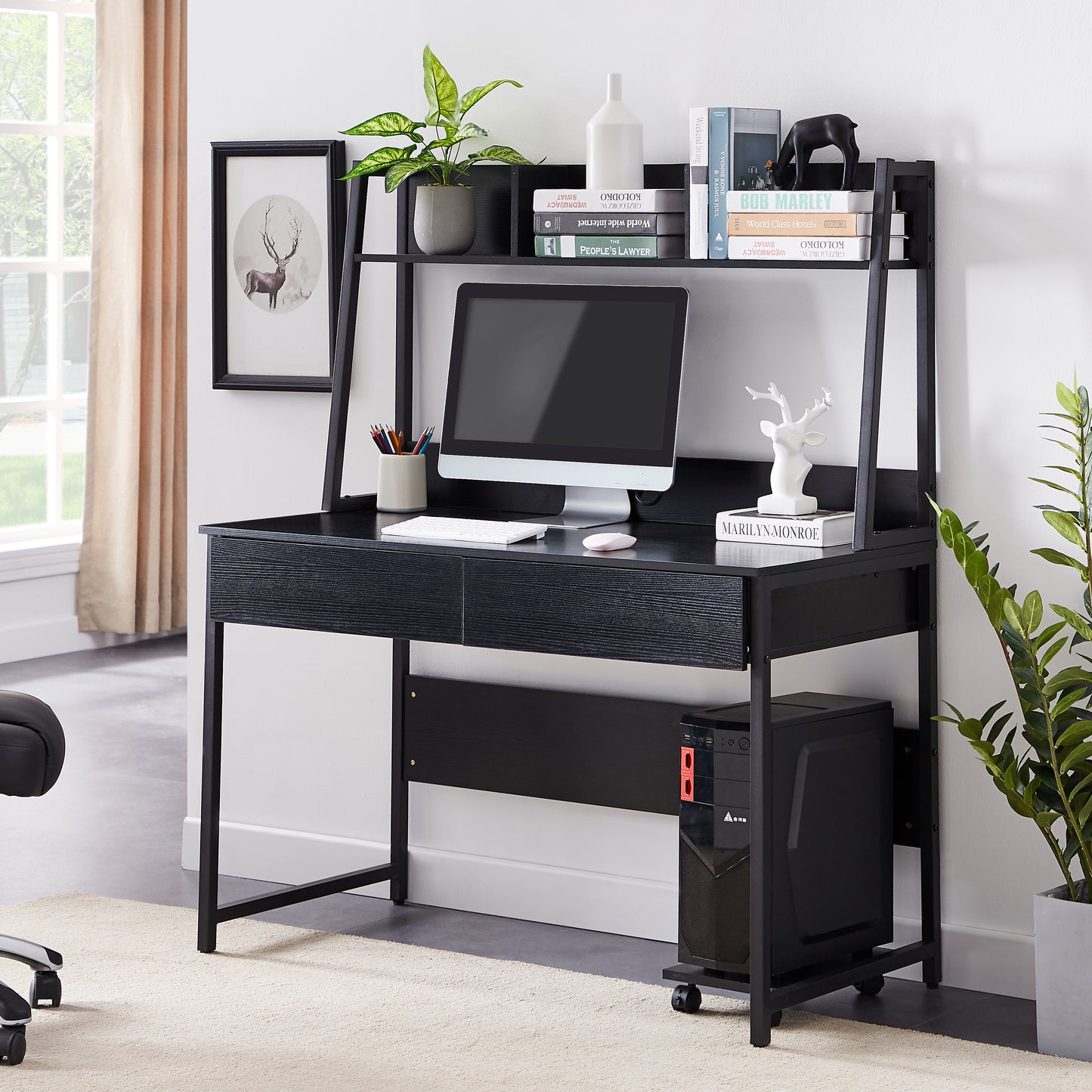 Home office Computer Desk with Hutch/ Bookshelf, Desk with Space Saving Design（Black）