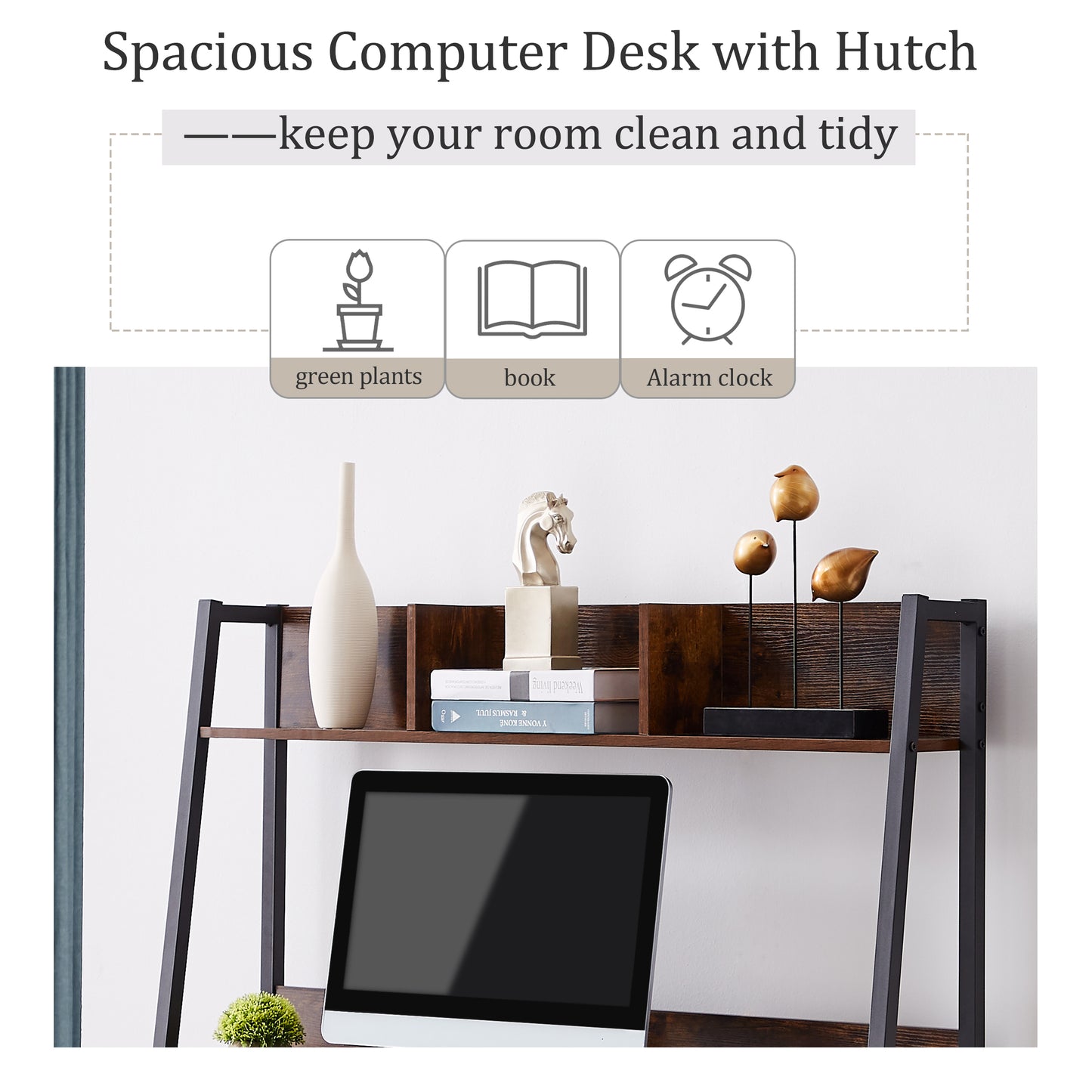 Home office Computer Desk with Hutch/ Bookshelf, Desk with Space Saving Design （tiger）