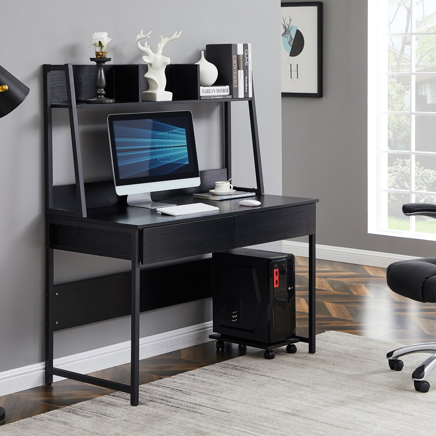 Home office Computer Desk with Hutch/ Bookshelf, Desk with Space Saving Design（Black）