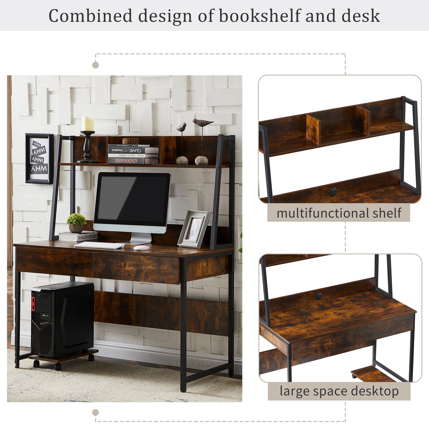 Home office Computer Desk with Hutch/ Bookshelf, Desk with Space Saving Design （tiger）