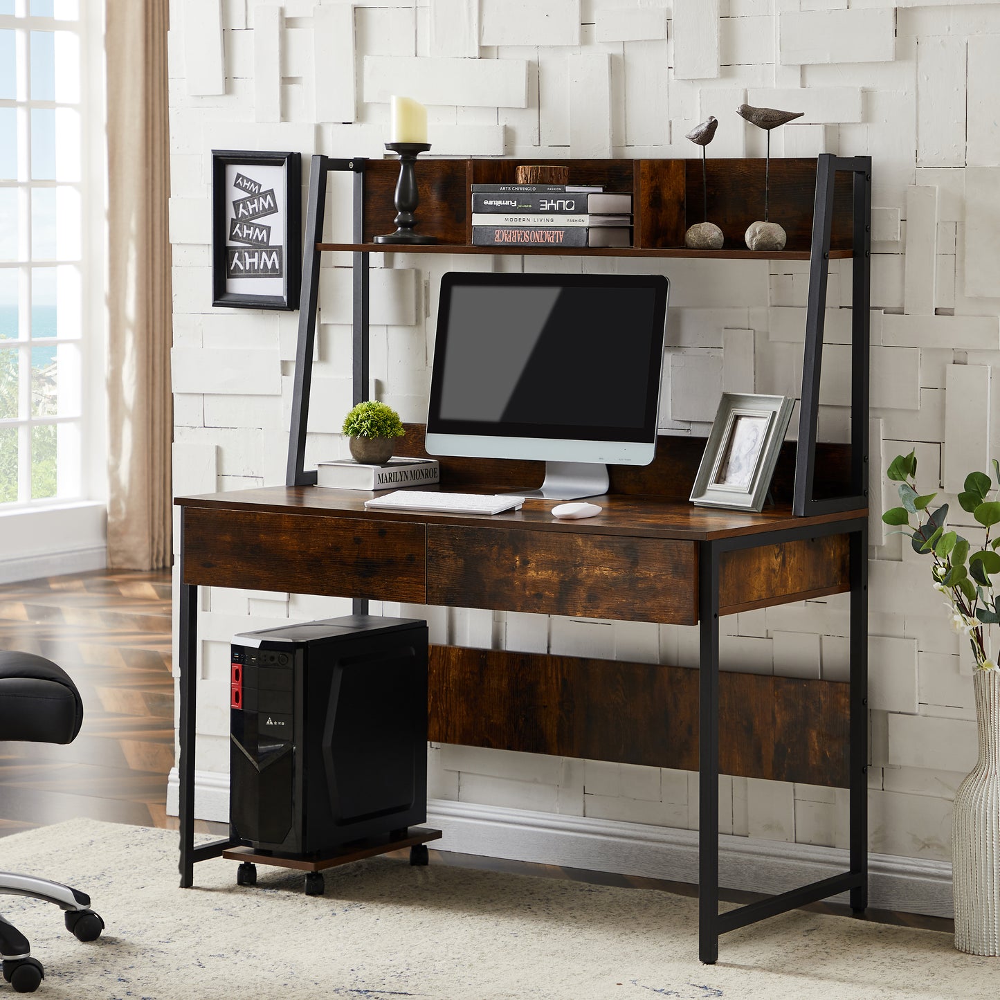 Home office Computer Desk with Hutch/ Bookshelf, Desk with Space Saving Design （tiger）