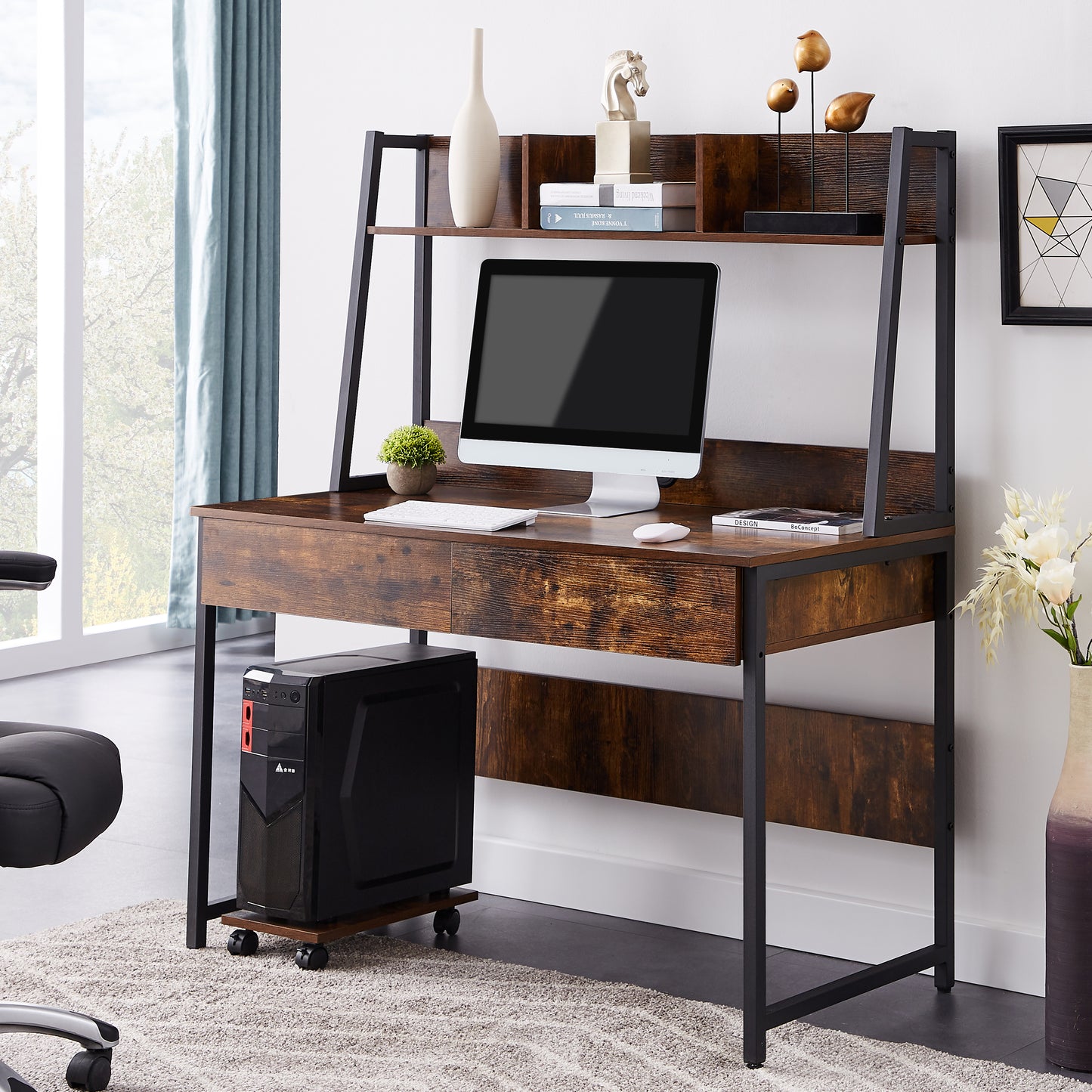 Home office Computer Desk with Hutch/ Bookshelf, Desk with Space Saving Design （tiger）