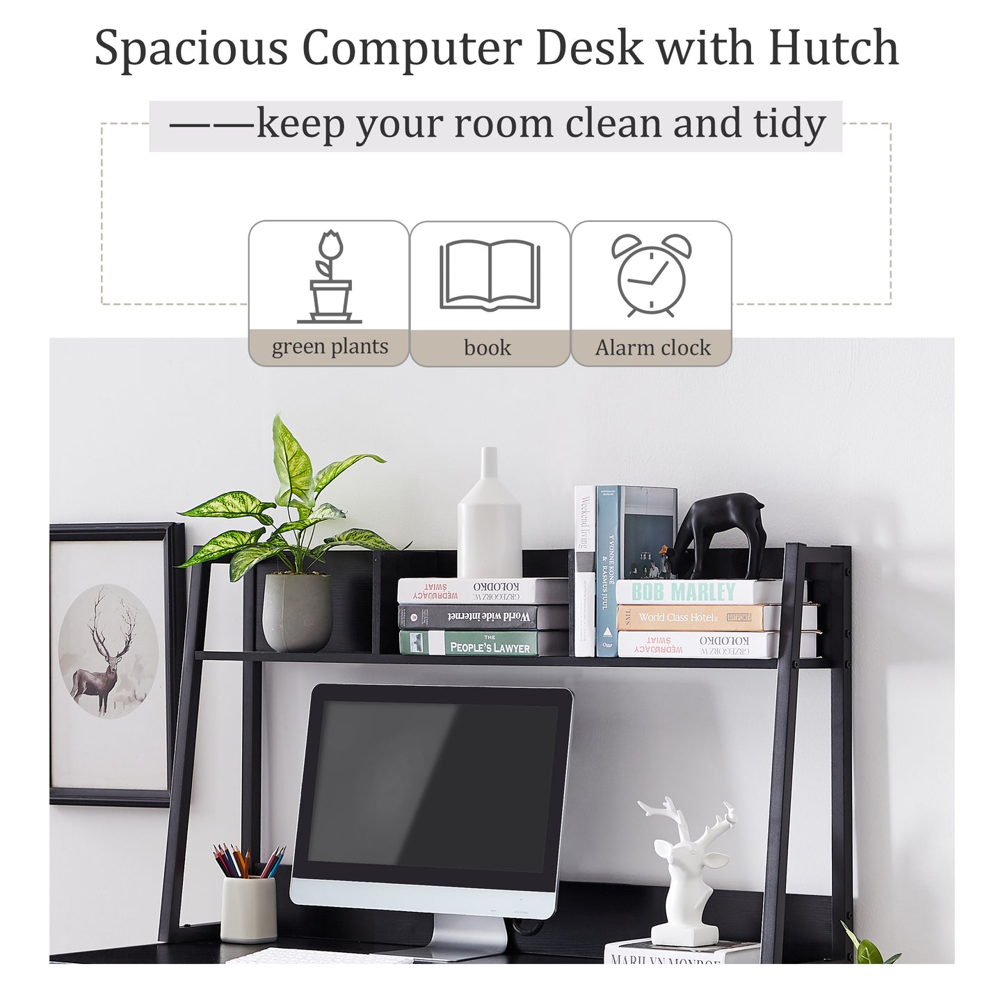 Home office Computer Desk with Hutch/ Bookshelf, Desk with Space Saving Design（Black）