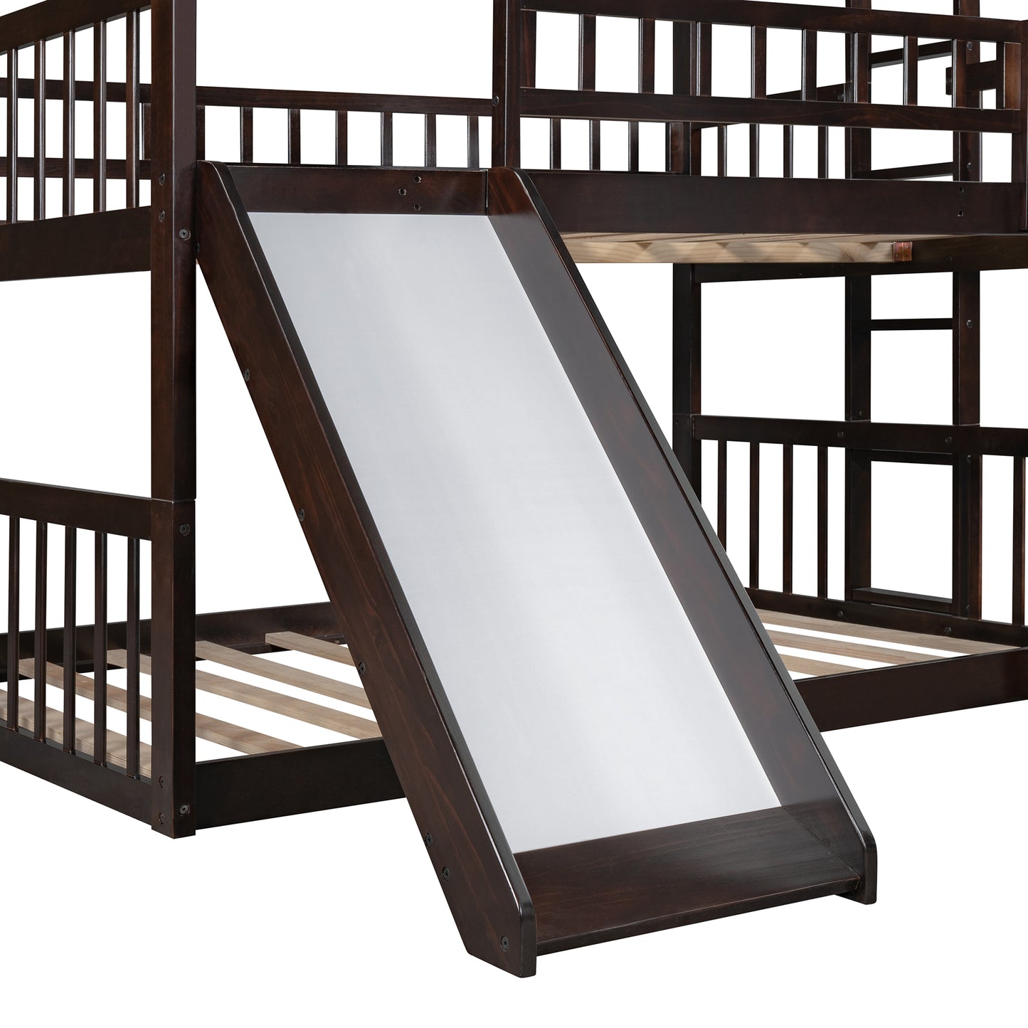 Full-Over-Full-Over-Full Triple Bed with Built-in Ladder and Slide for Kids, Triple Bunk Bed with Guardrails, Espresso