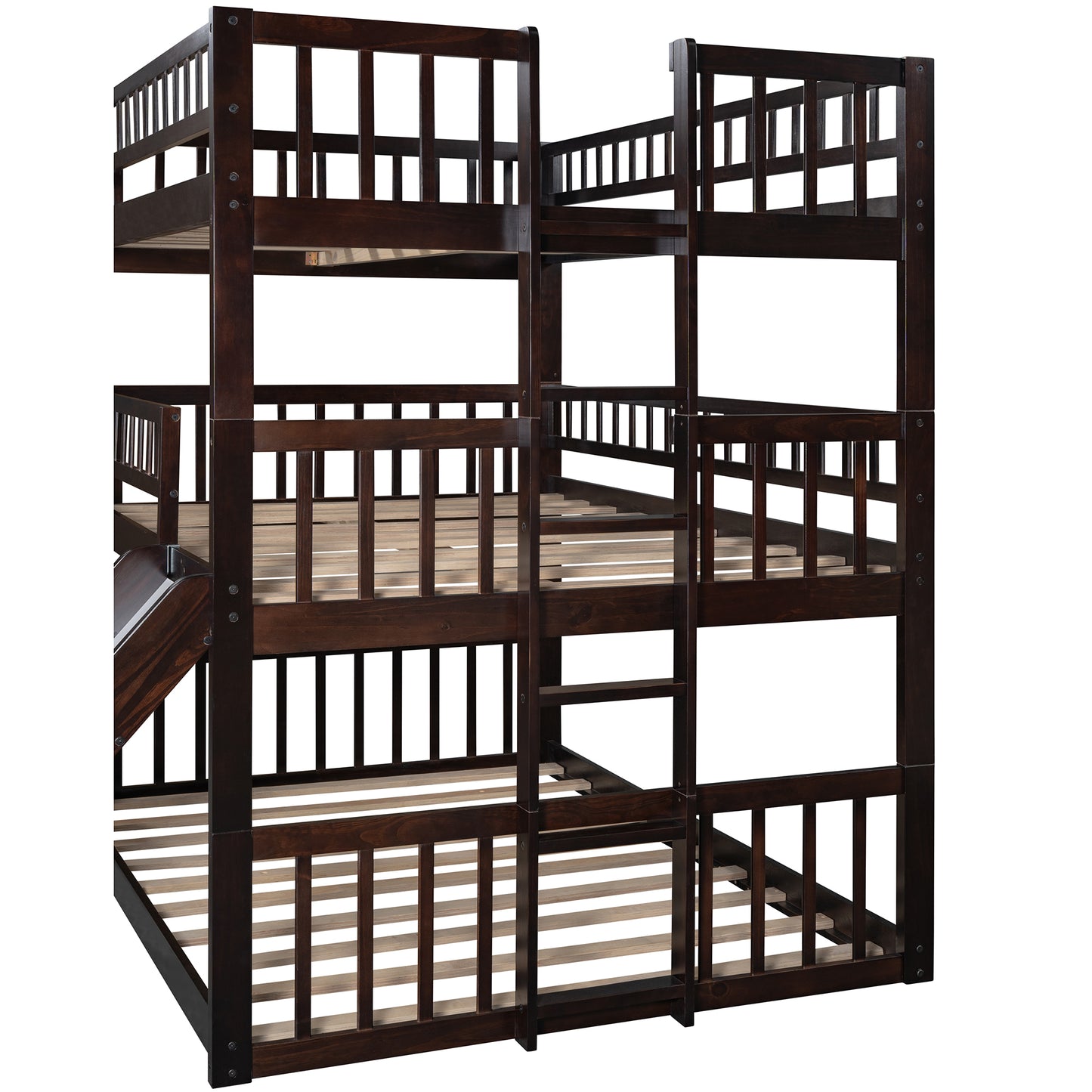 Full-Over-Full-Over-Full Triple Bed with Built-in Ladder and Slide for Kids, Triple Bunk Bed with Guardrails, Espresso