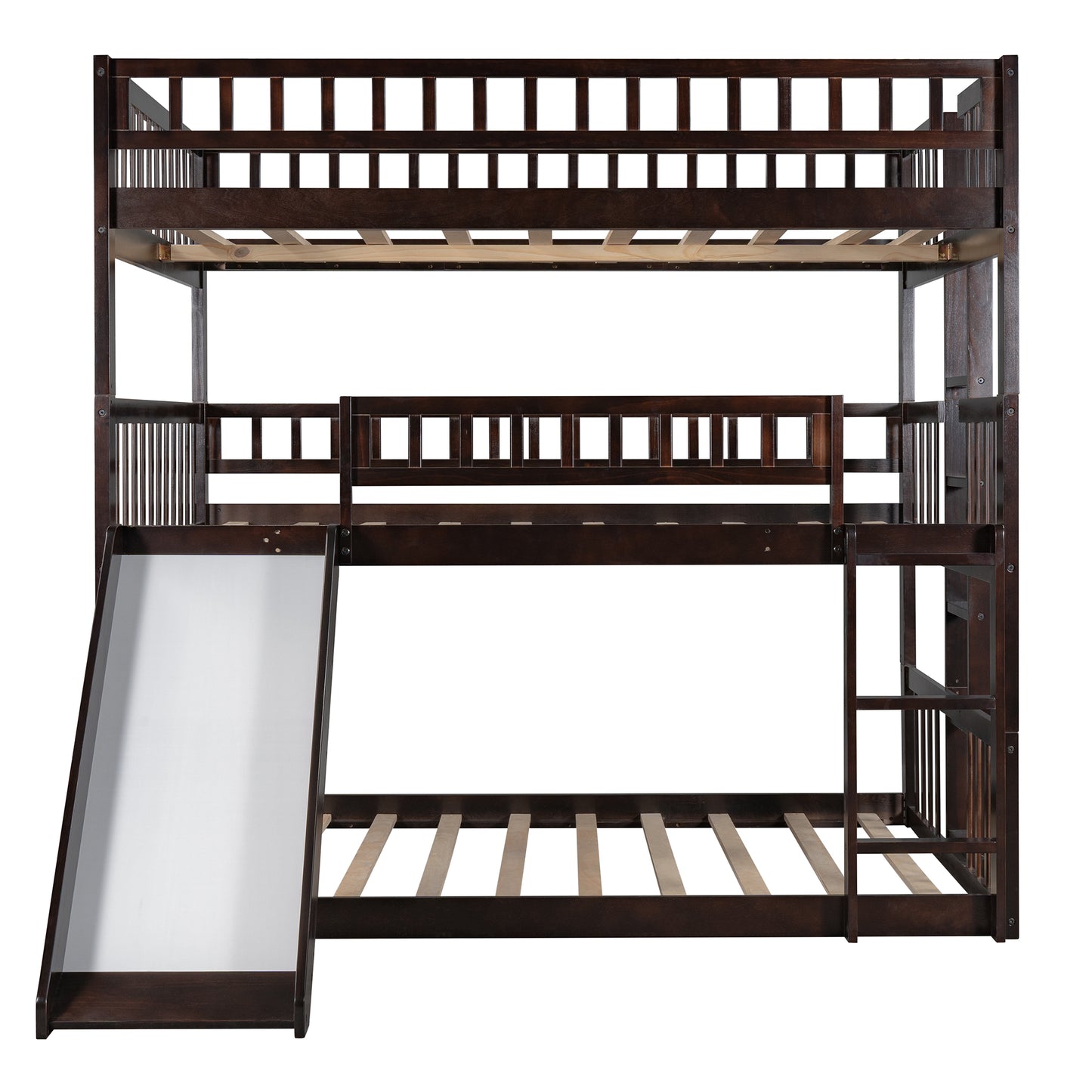 Full-Over-Full-Over-Full Triple Bed with Built-in Ladder and Slide for Kids, Triple Bunk Bed with Guardrails, Espresso