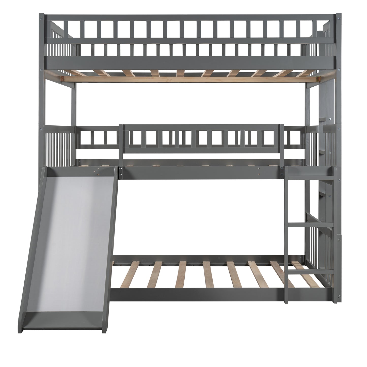 Full-Over-Full-Over-Full Triple Bed with Built-in Ladder and Slide for Kids, Triple Bunk Bed with Guardrails, Gray