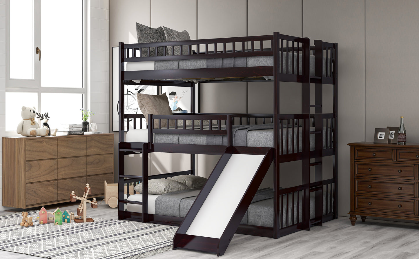 Full-Over-Full-Over-Full Triple Bed with Built-in Ladder and Slide for Kids, Triple Bunk Bed with Guardrails, Espresso