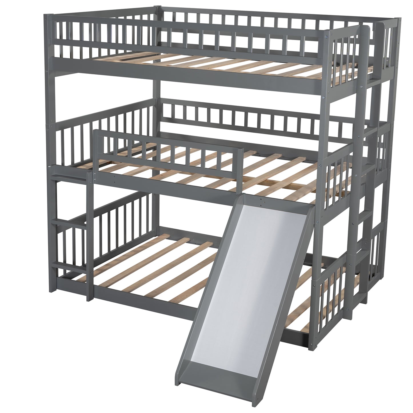 Full-Over-Full-Over-Full Triple Bed with Built-in Ladder and Slide for Kids, Triple Bunk Bed with Guardrails, Gray