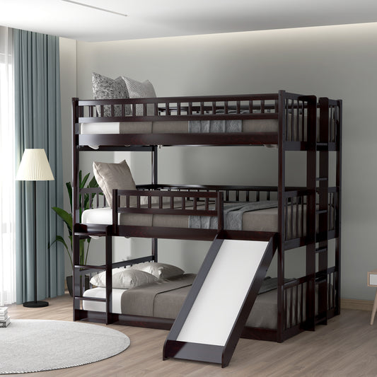 Full-Over-Full-Over-Full Triple Bed with Built-in Ladder and Slide for Kids, Triple Bunk Bed with Guardrails, Espresso