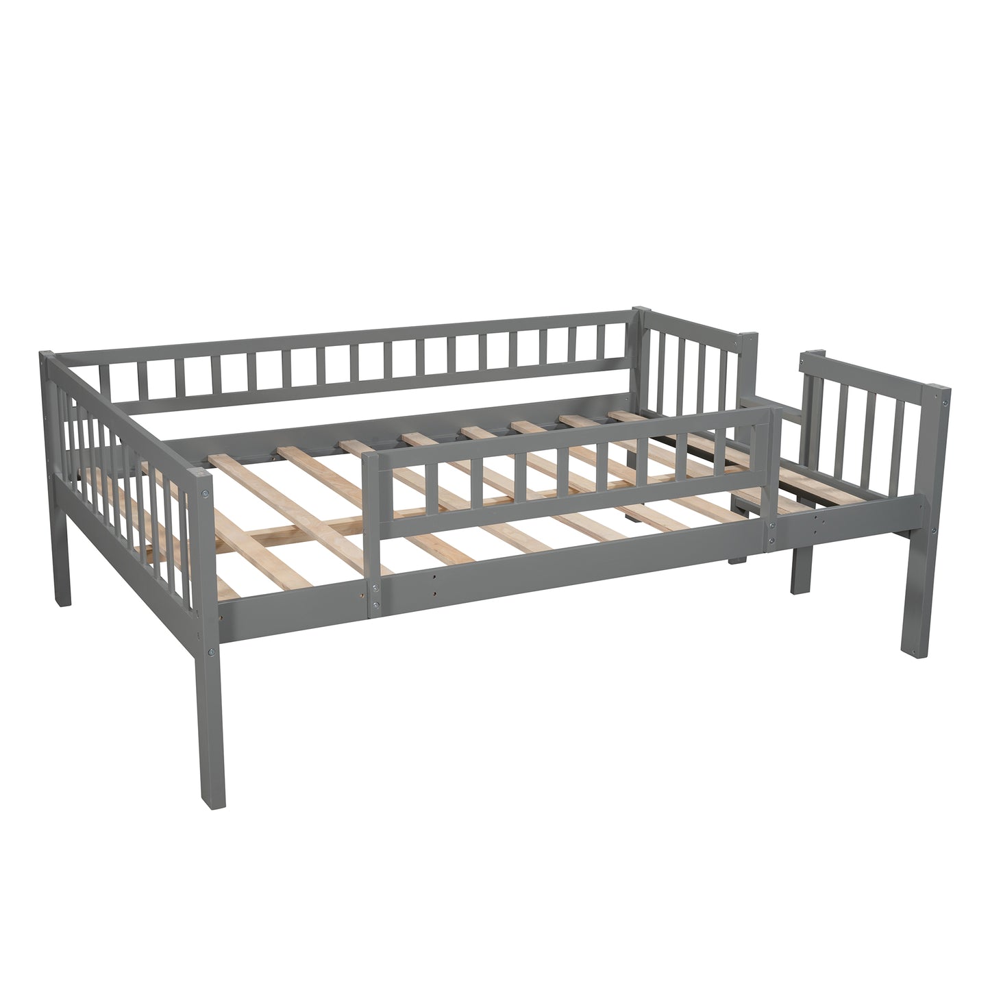 Full-Over-Full-Over-Full Triple Bed with Built-in Ladder and Slide for Kids, Triple Bunk Bed with Guardrails, Gray