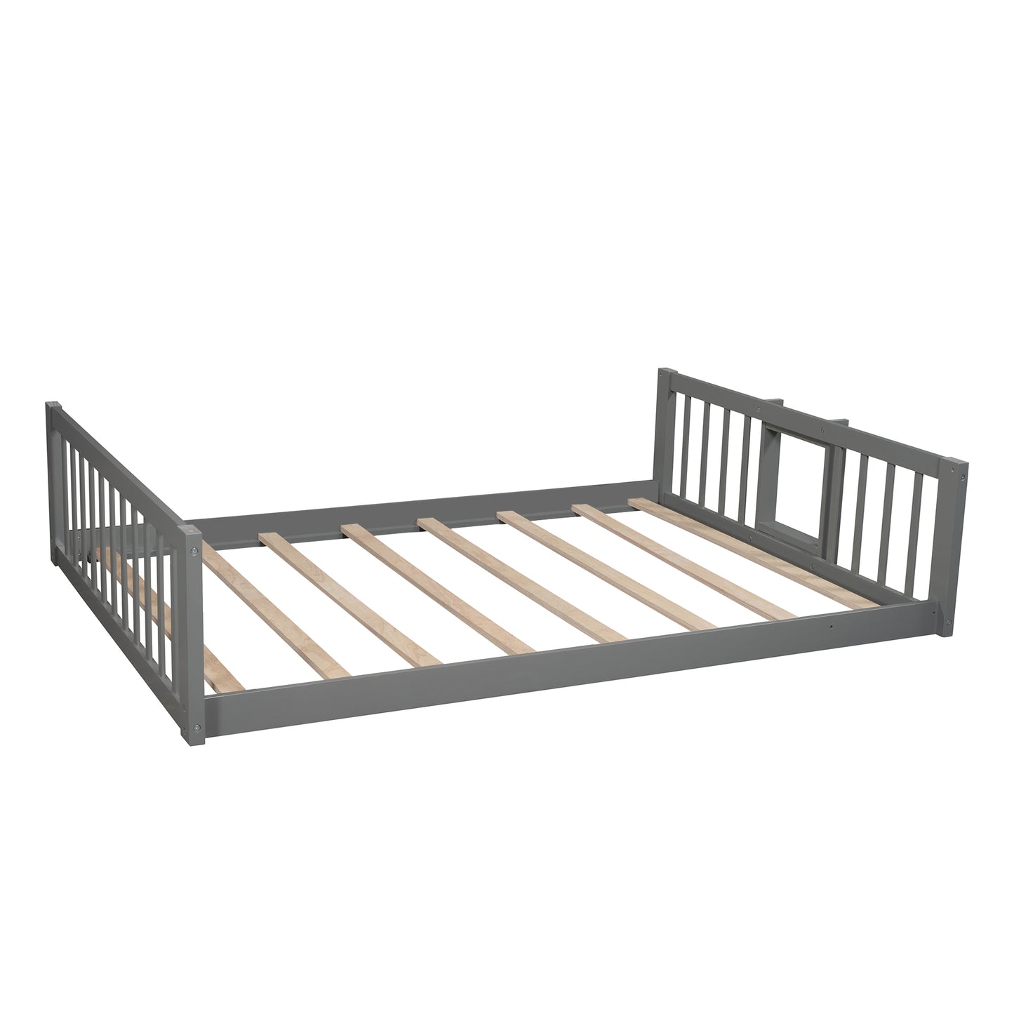 Full-Over-Full-Over-Full Triple Bed with Built-in Ladder and Slide for Kids, Triple Bunk Bed with Guardrails, Gray