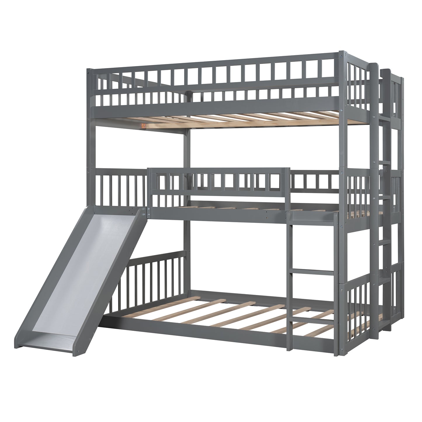 Full-Over-Full-Over-Full Triple Bed with Built-in Ladder and Slide for Kids, Triple Bunk Bed with Guardrails, Gray