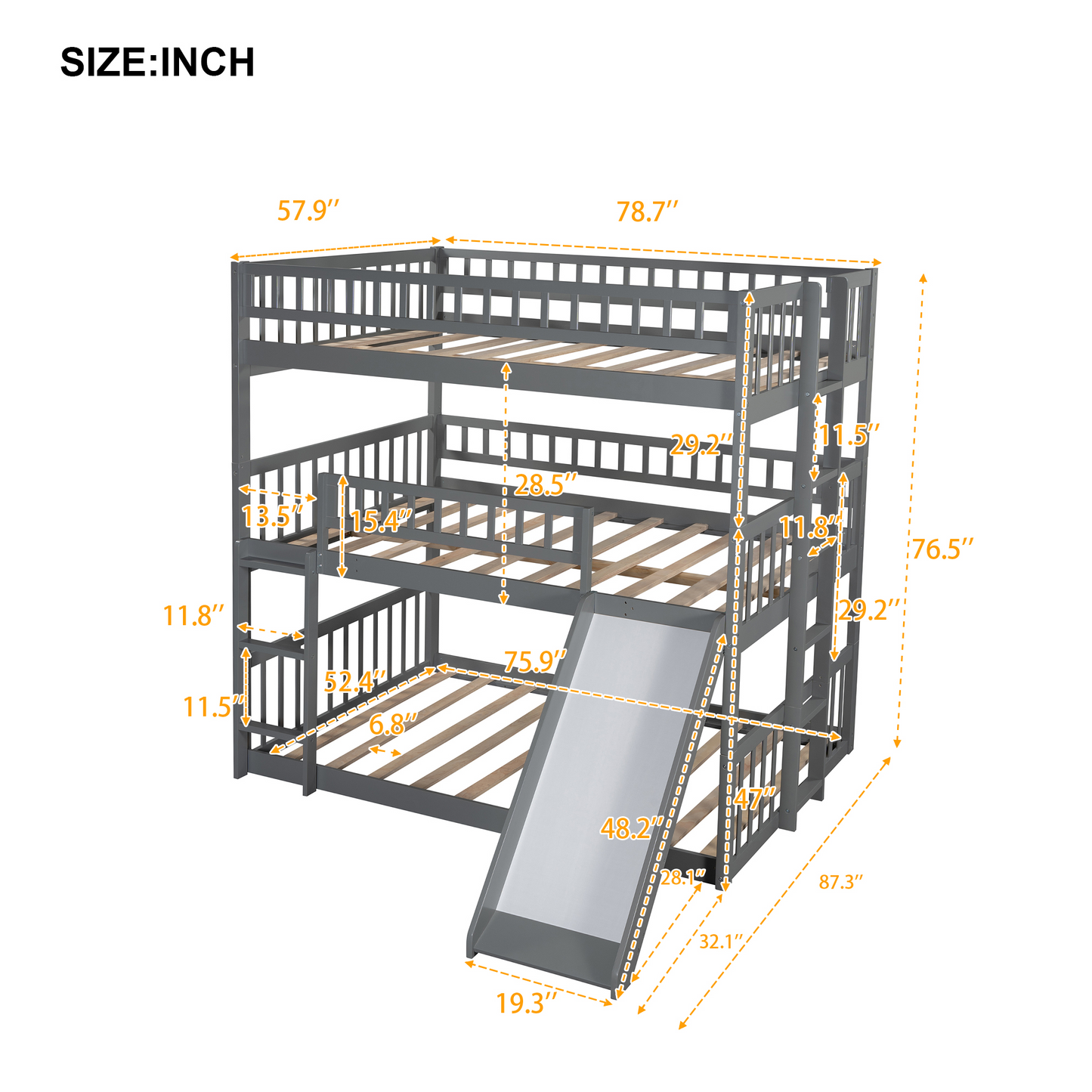 Full-Over-Full-Over-Full Triple Bed with Built-in Ladder and Slide for Kids, Triple Bunk Bed with Guardrails, Gray