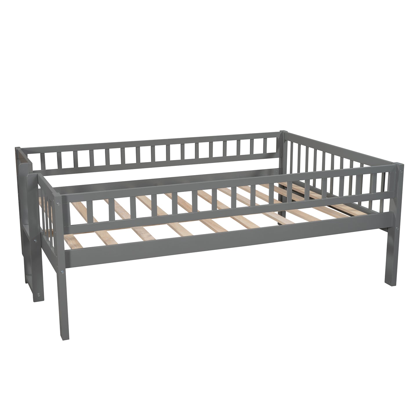 Full-Over-Full-Over-Full Triple Bed with Built-in Ladder and Slide for Kids, Triple Bunk Bed with Guardrails, Gray