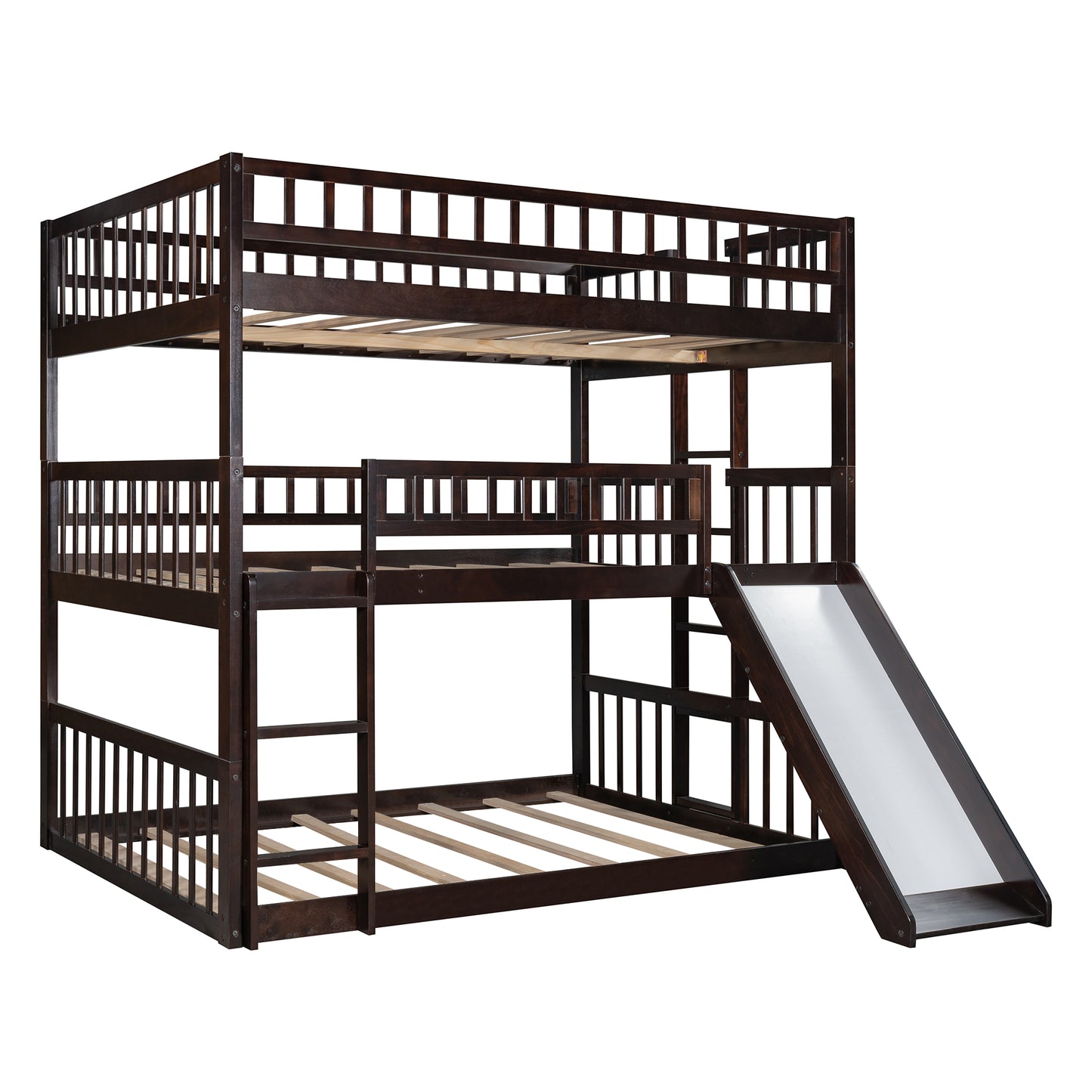 Full-Over-Full-Over-Full Triple Bed with Built-in Ladder and Slide for Kids, Triple Bunk Bed with Guardrails, Espresso