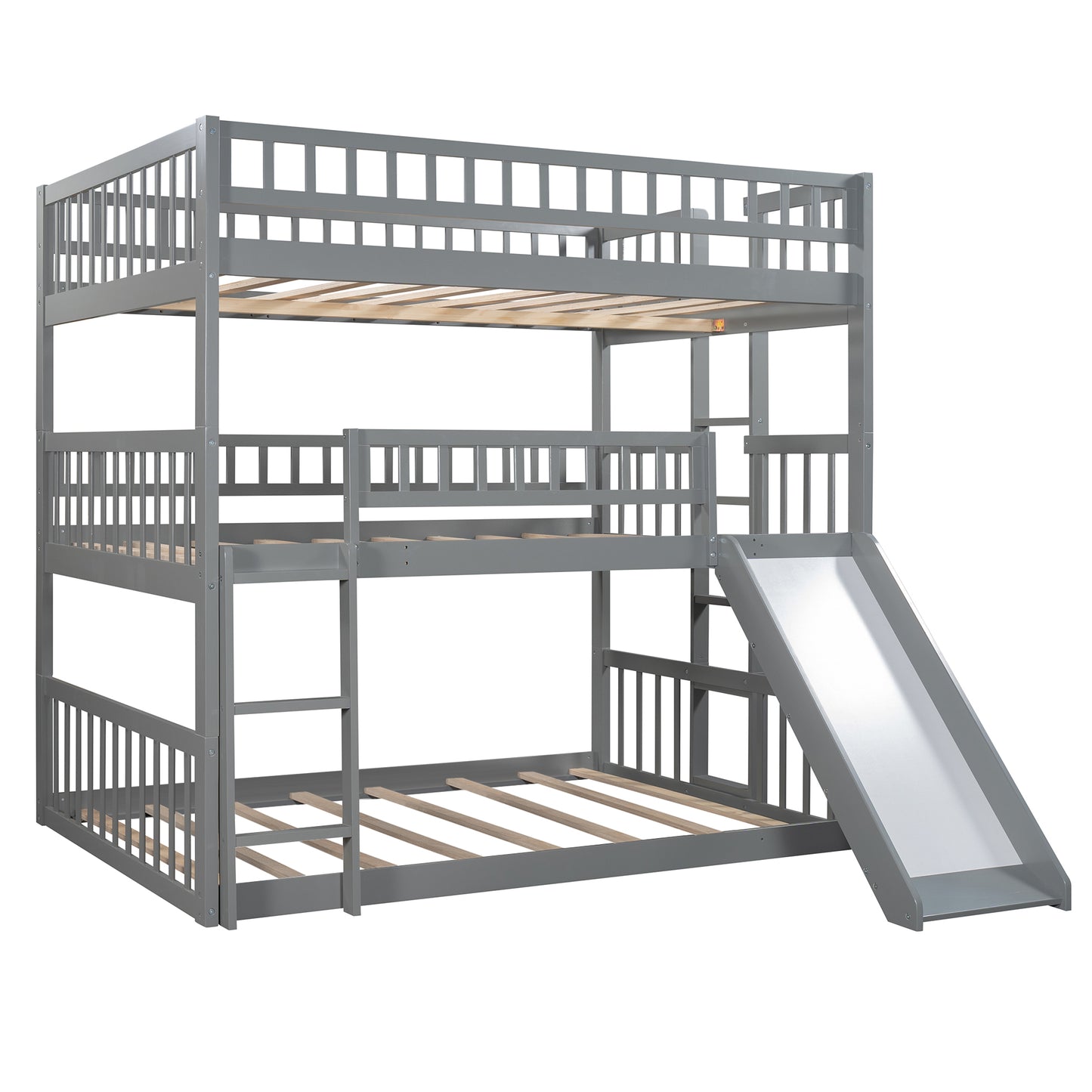 Full-Over-Full-Over-Full Triple Bed with Built-in Ladder and Slide for Kids, Triple Bunk Bed with Guardrails, Gray