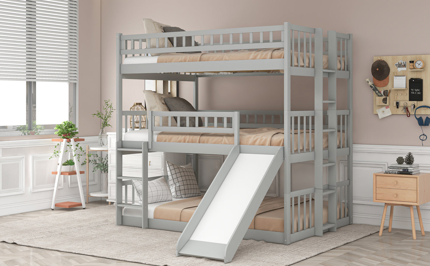 Full-Over-Full-Over-Full Triple Bed with Built-in Ladder and Slide for Kids, Triple Bunk Bed with Guardrails, Gray