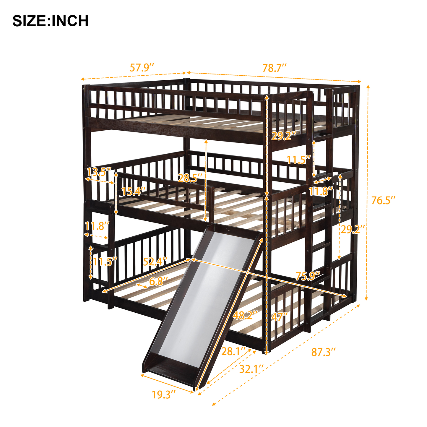 Full-Over-Full-Over-Full Triple Bed with Built-in Ladder and Slide for Kids, Triple Bunk Bed with Guardrails, Espresso