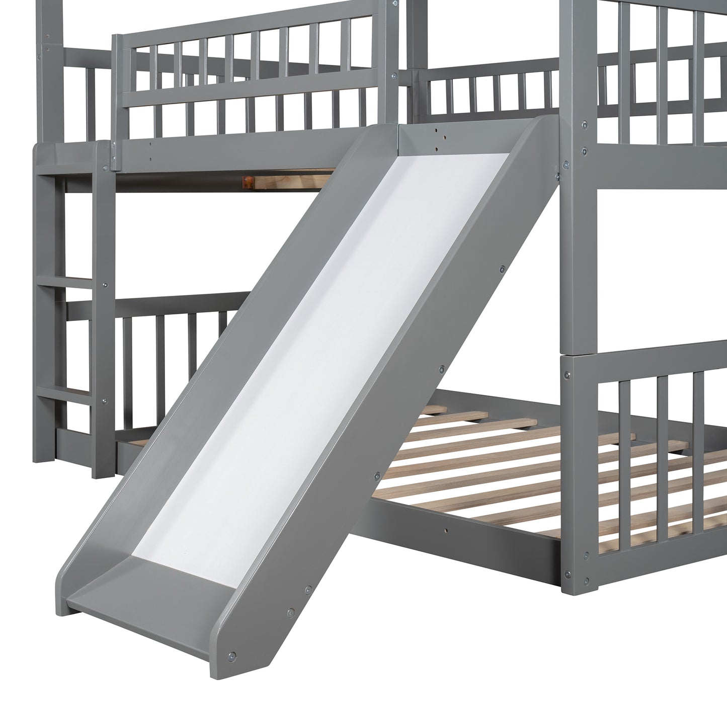 Full-Over-Full-Over-Full Triple Bed with Built-in Ladder and Slide for Kids, Triple Bunk Bed with Guardrails, Gray