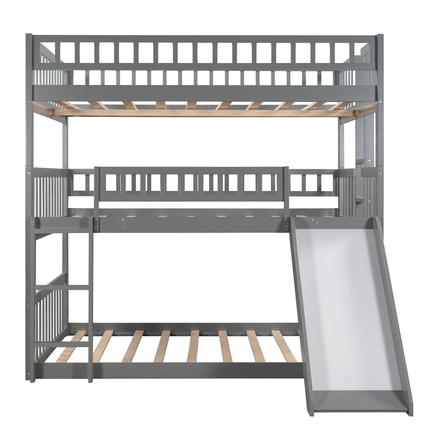 Full-Over-Full-Over-Full Triple Bed with Built-in Ladder and Slide for Kids, Triple Bunk Bed with Guardrails, Gray