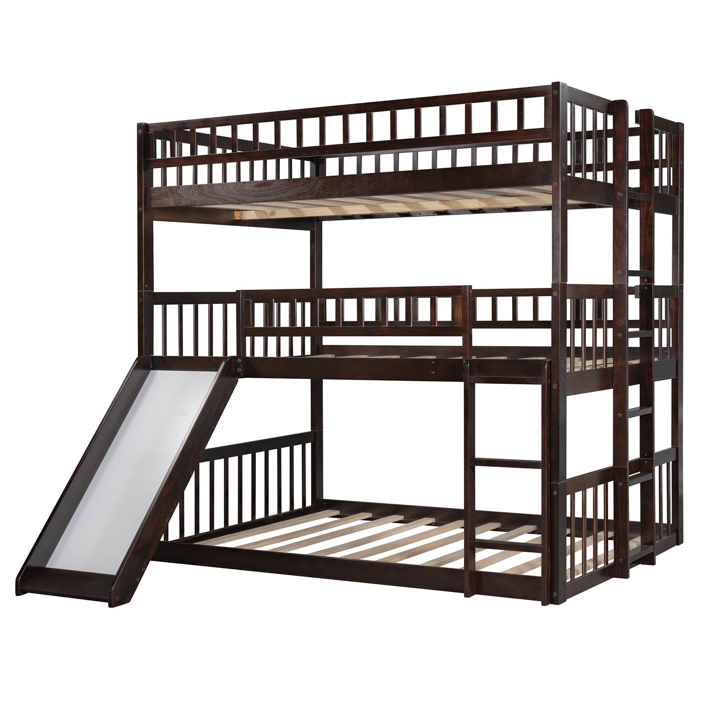 Full-Over-Full-Over-Full Triple Bed with Built-in Ladder and Slide for Kids, Triple Bunk Bed with Guardrails, Espresso