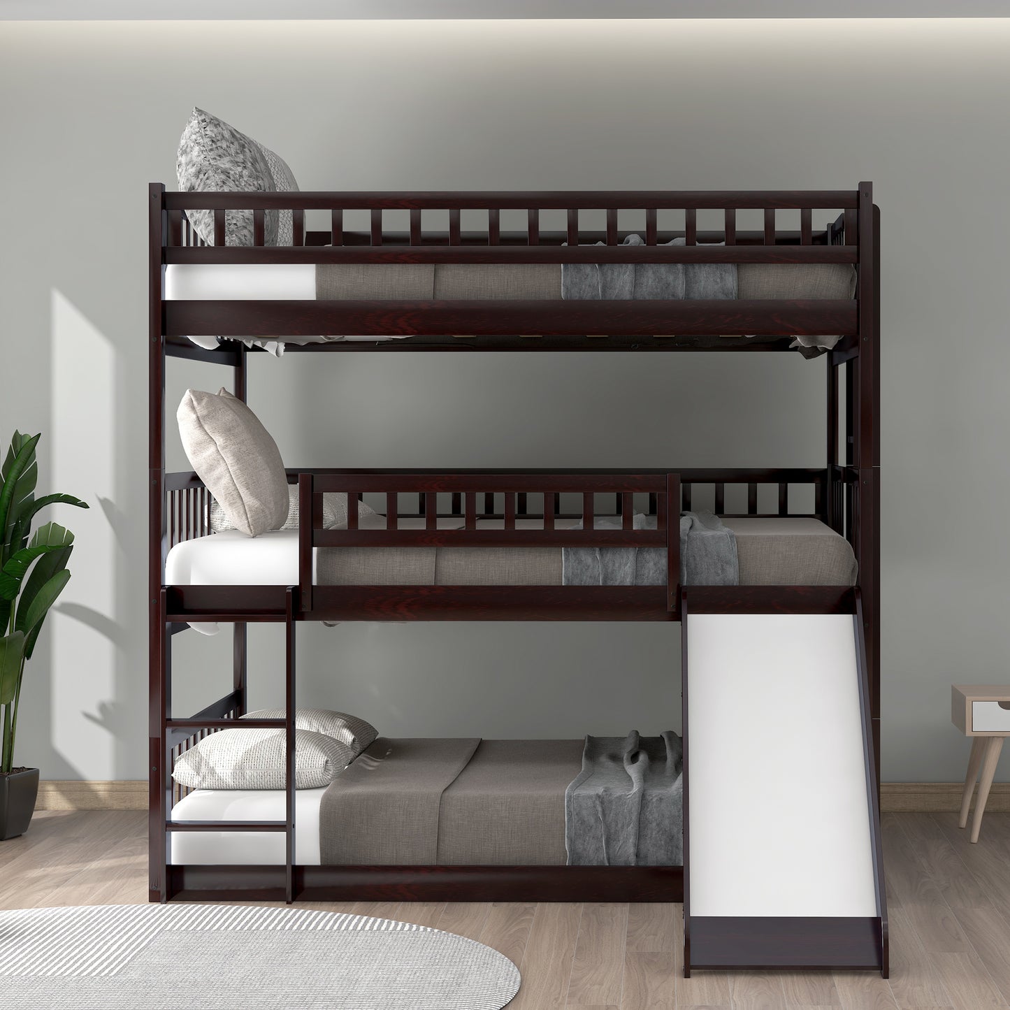 Full-Over-Full-Over-Full Triple Bed with Built-in Ladder and Slide for Kids, Triple Bunk Bed with Guardrails, Espresso