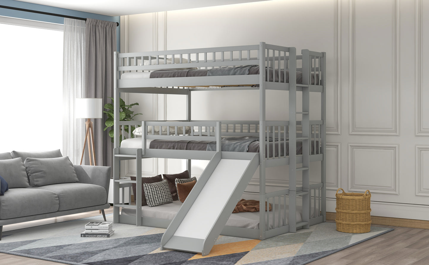 Full-Over-Full-Over-Full Triple Bed with Built-in Ladder and Slide for Kids, Triple Bunk Bed with Guardrails, Gray