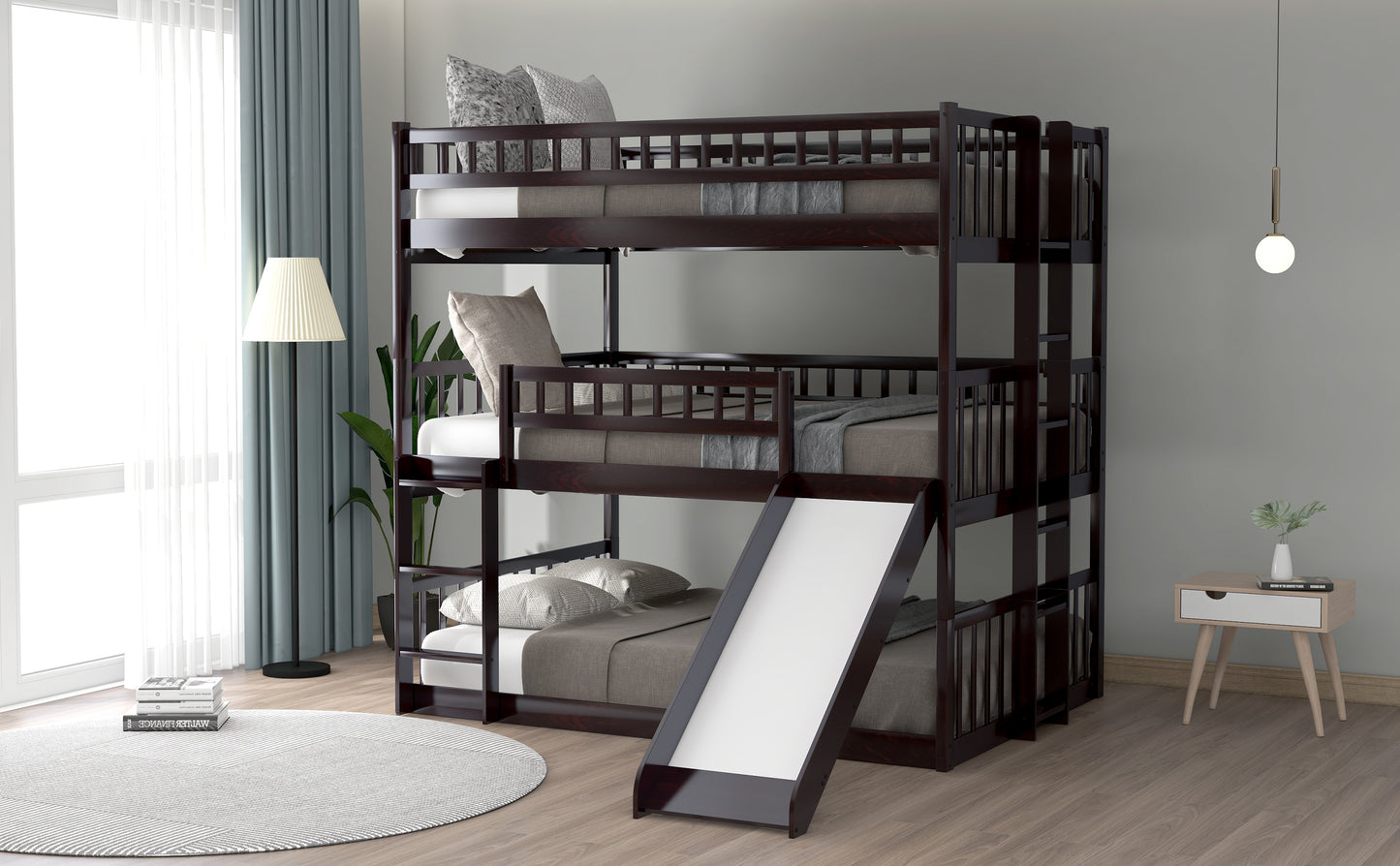 Full-Over-Full-Over-Full Triple Bed with Built-in Ladder and Slide for Kids, Triple Bunk Bed with Guardrails, Espresso