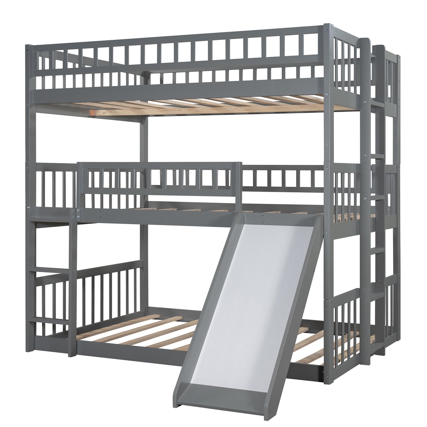 Full-Over-Full-Over-Full Triple Bed with Built-in Ladder and Slide for Kids, Triple Bunk Bed with Guardrails, Gray