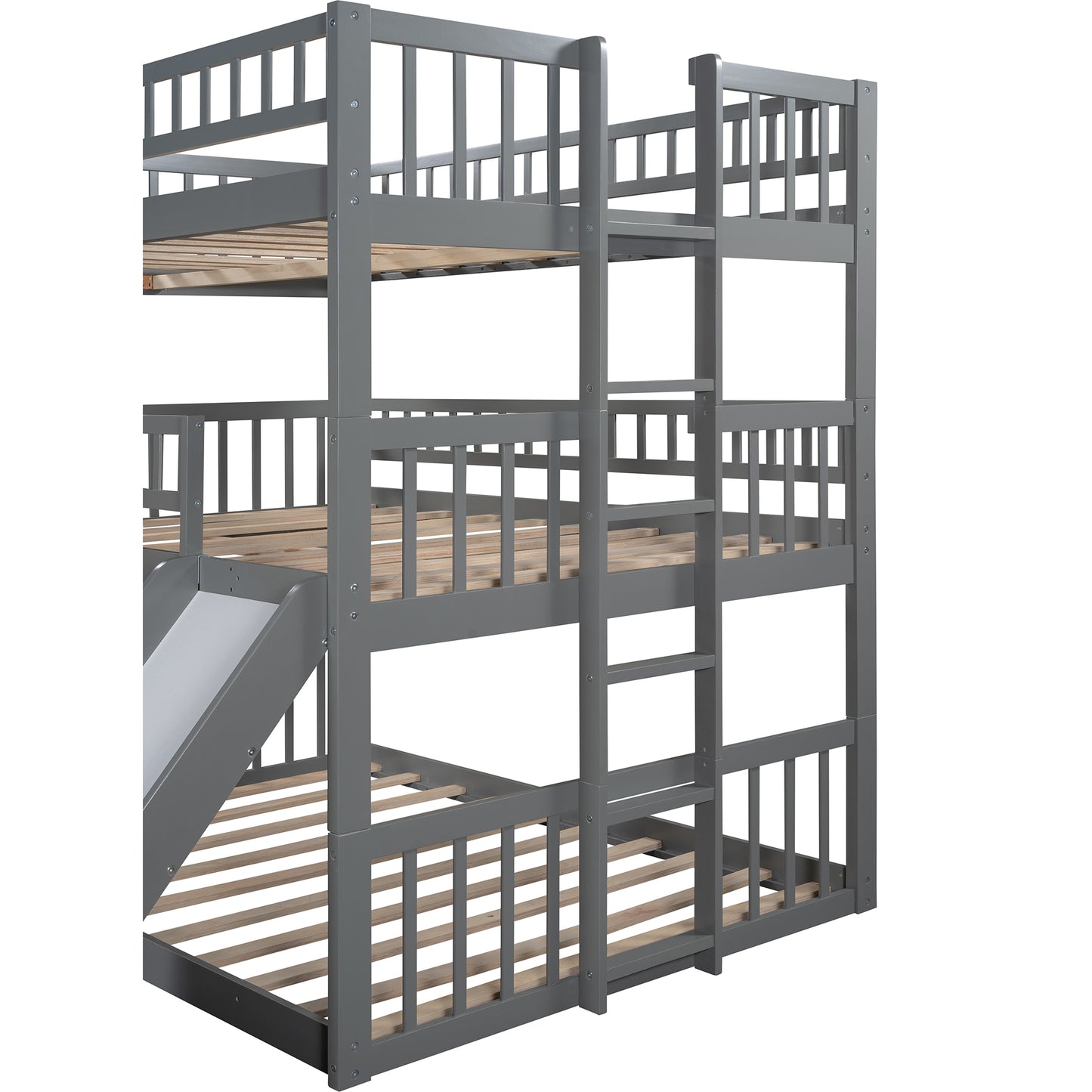 Full-Over-Full-Over-Full Triple Bed with Built-in Ladder and Slide for Kids, Triple Bunk Bed with Guardrails, Gray